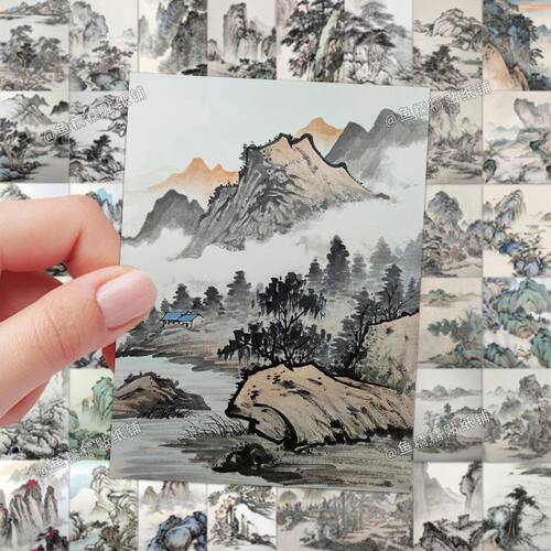62张手绘水墨画贴纸国画山水古风