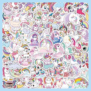 100张卡通独角兽防水贴纸可爱呆萌小马装 饰手账创意笔记本diy贴画