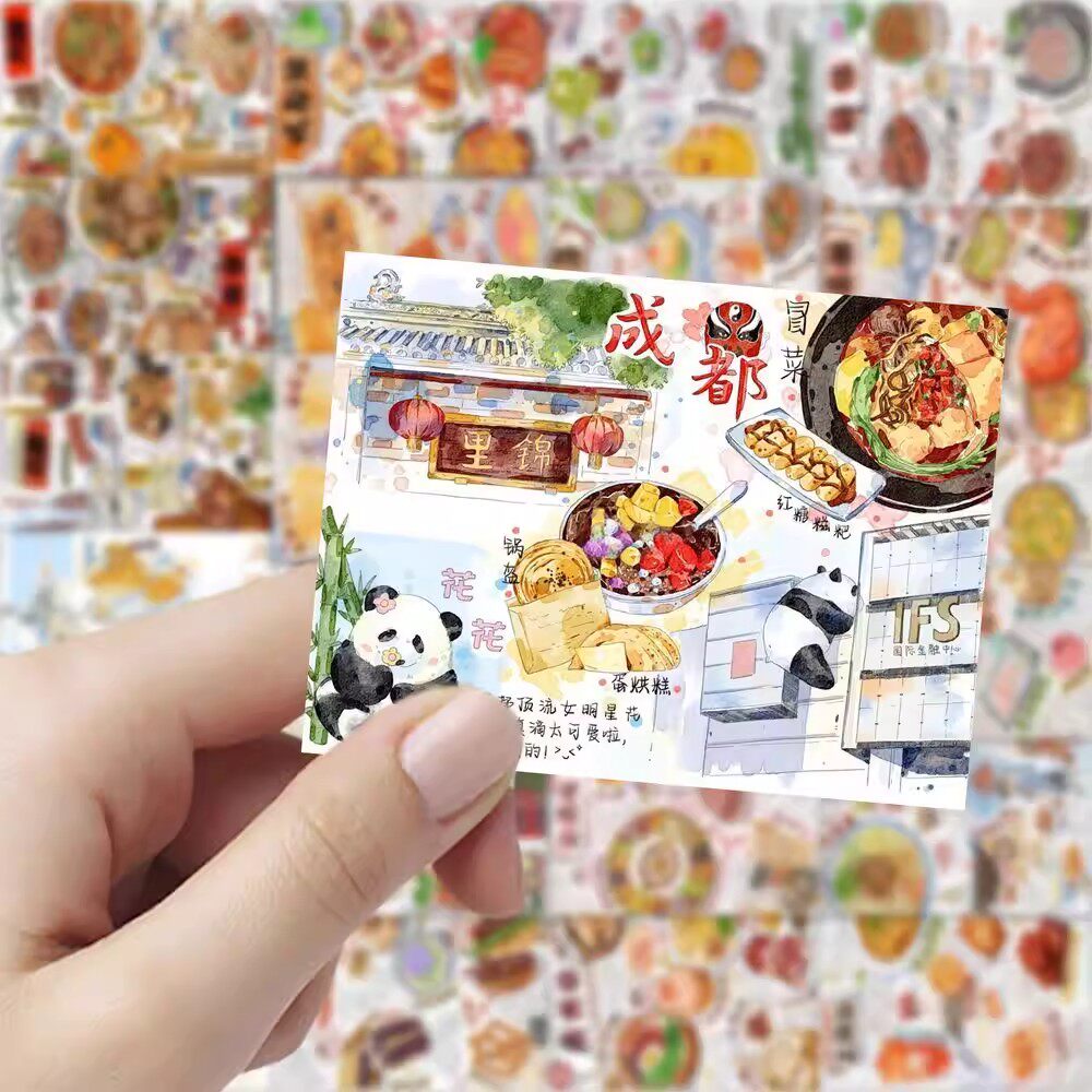 189张地方特色美食手绘贴纸建筑创意装饰手账笔记本桌面防水贴画