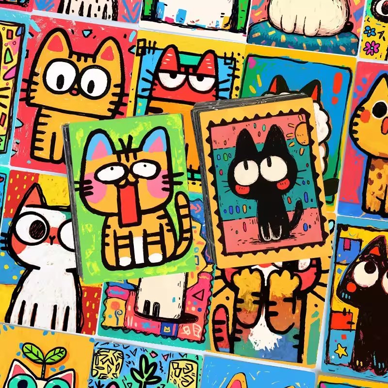 64张彩绘猫咪狗狗插画贴纸卡通可爱艺术色彩装饰笔记本手帐贴画