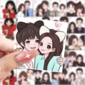 新款 饰 情侣头像插画贴纸ins风恋人合照手绘贴图diy手账本笔记本装