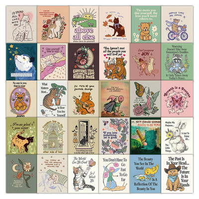 100张复古心灵语句插画贴纸治愈英文文案短句创意diy手账装饰标签