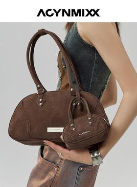 Acynmixx复古棕色波士顿子母包保龄球包女秋冬新款小众单肩腋下包