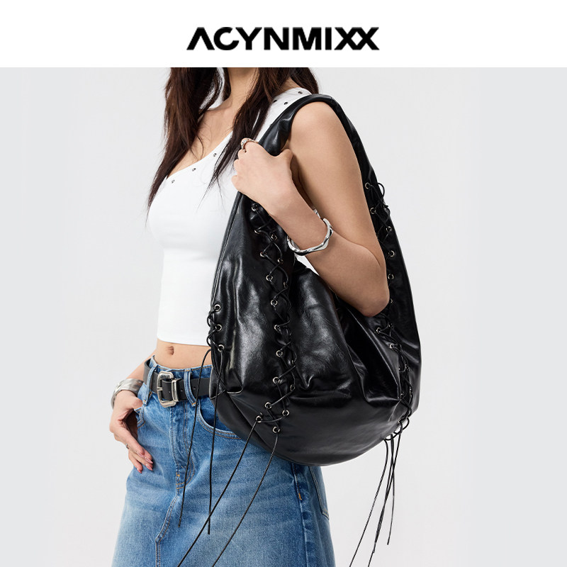Acynmixx绑带朋克流浪包小众软皮托特包女松弛感大容量通勤单
