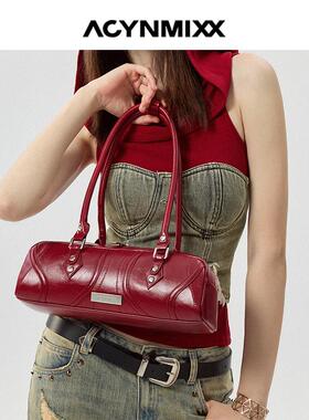 Acynmixx保龄球包包女法棍包红色婚包手提包复古高级感单肩腋下包