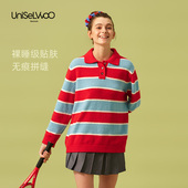 呦卧冬女长袖 papi酱同款 过年红色卫衣情侣加绒厚撞色条纹POLO