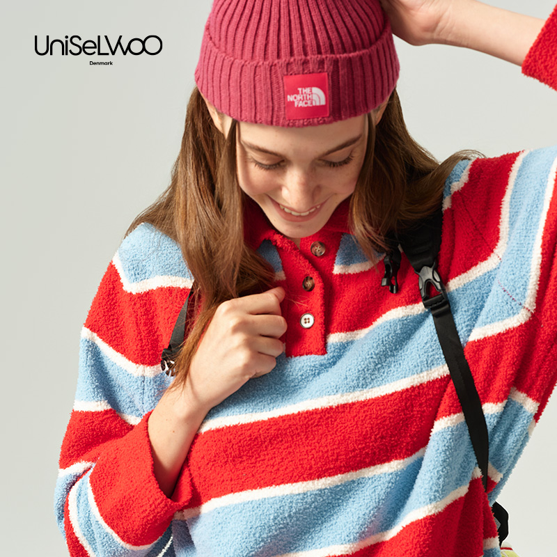 呦卧半边绒条纹撞色polo衫