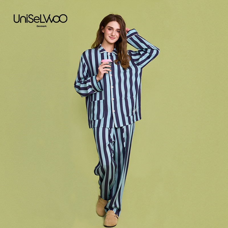 呦卧睡衣女款2026新款兰精天丝条纹睡衣高级感家居服男女情侣睡衣