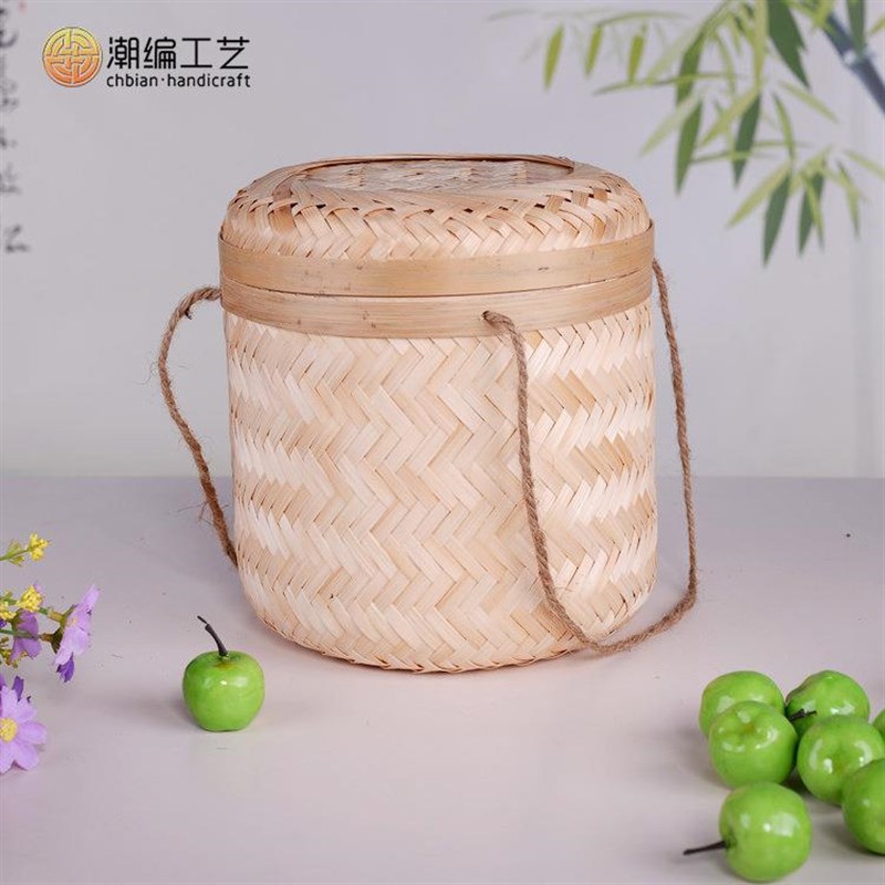 厂家竹制品编织盒带盖竹编茶叶盒礼品月饼粽子送礼圆形包装盒