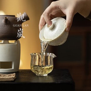 宝盖碗单个家用不烫手新中式 观岚定窑白水月莲华元 功夫茶具泡茶碗