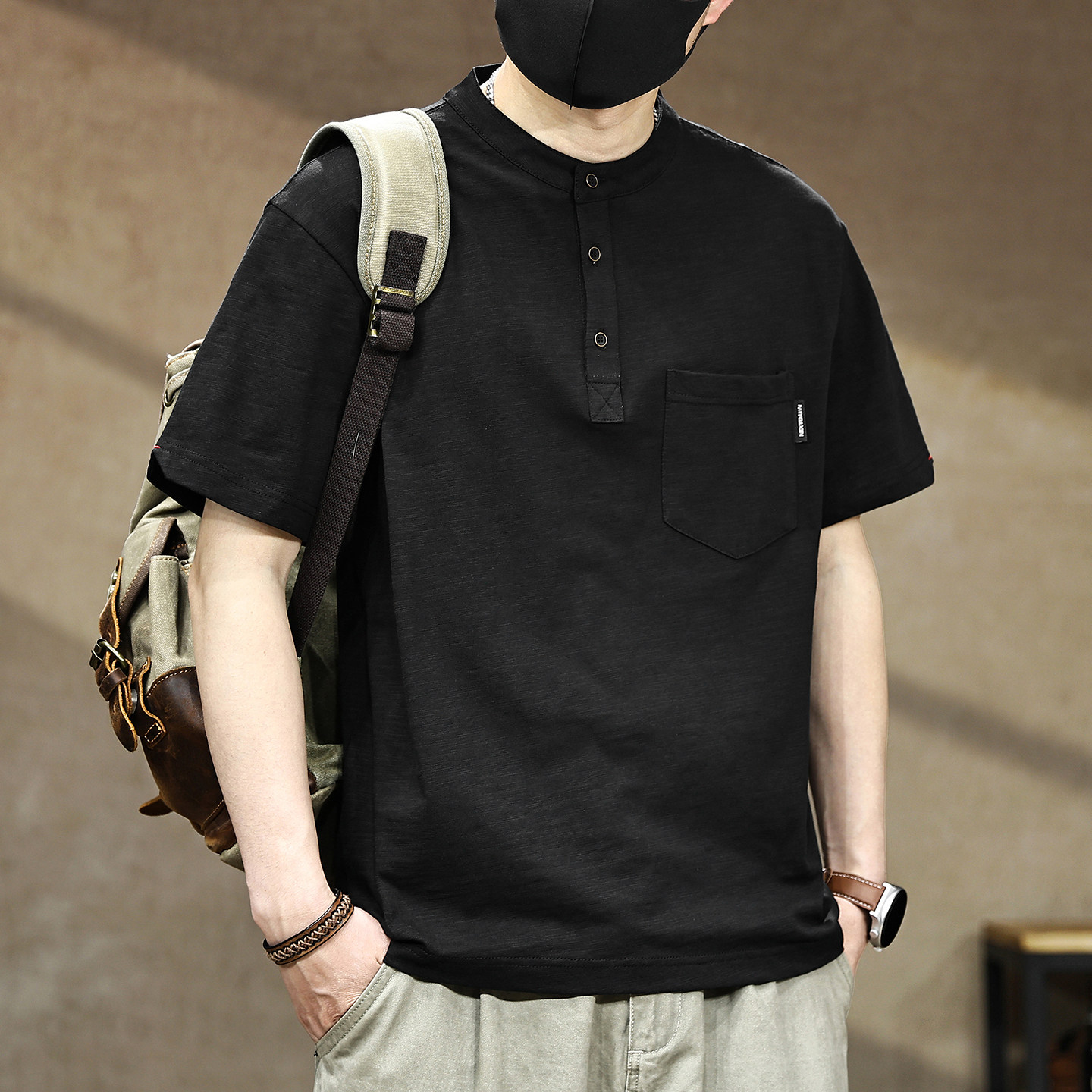 美式透气竹节棉亨利领复古男士短袖t恤男2026夏季宽松口袋POLO衫