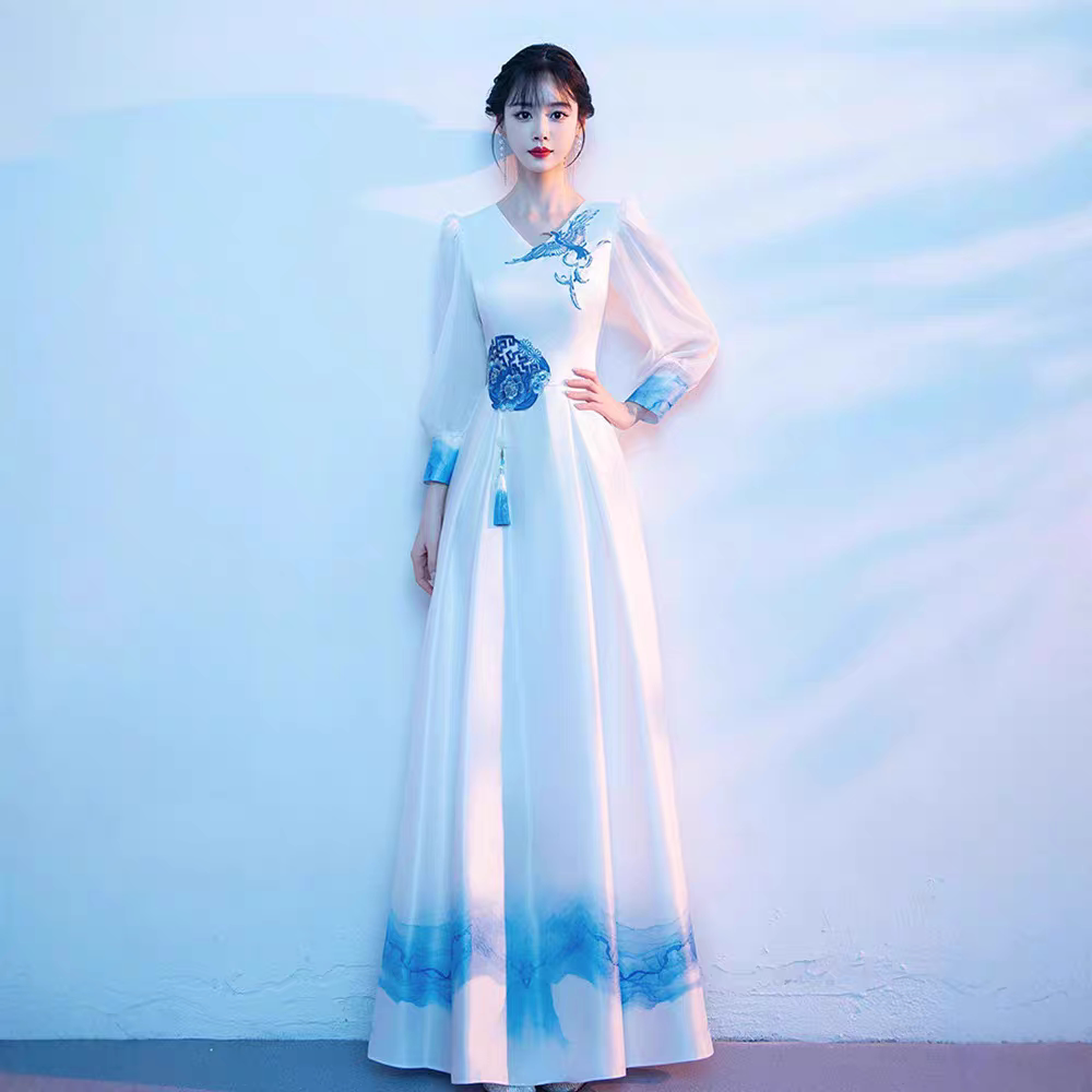 大合唱团演出服女红歌比赛舞台表演服装指挥独唱古筝舞蹈晚礼服裙