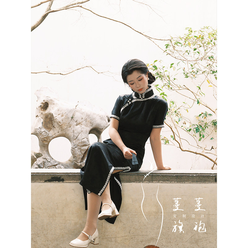 蔓蔓旗袍黑色经典长款旗袍