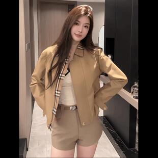 东京日落高品质版早秋短款风衣夹克定制卡其色格子小外套港风女装