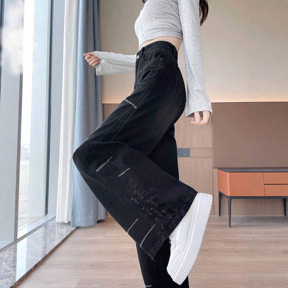 弯刀牛仔裤女高腰显瘦直筒长裤子