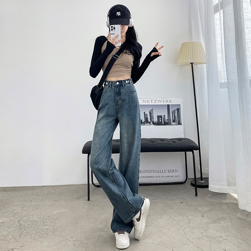 春秋直筒高腰女士休闲百搭牛仔裤