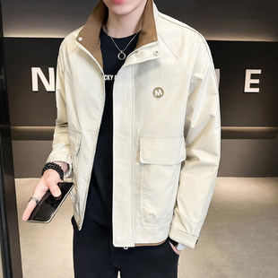 立领外套男士春秋冬季新款修身拼色加绒加厚夹克潮牌休闲工装上衣