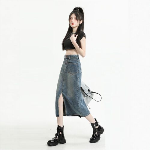 高腰开叉牛仔半身裙女夏季包臀裙