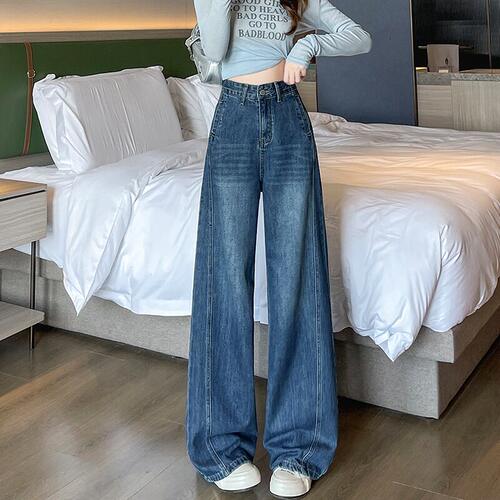 夏季新款阔腿牛仔裤女高腰直筒裤