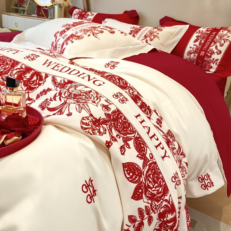 高档婚庆四件套结婚红色喜庆印花被套床笠新婚房喜被陪嫁床上用品