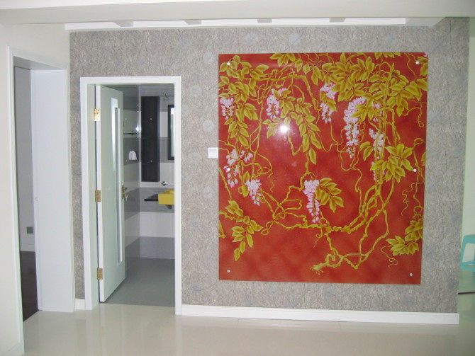 钢化雕刻艺术玻璃玄关隔断豪华走廊尽头电视沙发背景墙红底吊花藤