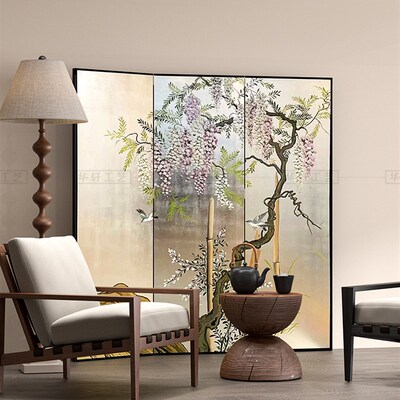 可定制订做手绘花鸟画金箔屏风银箔工艺漆画茶室空间卧室隔断背景