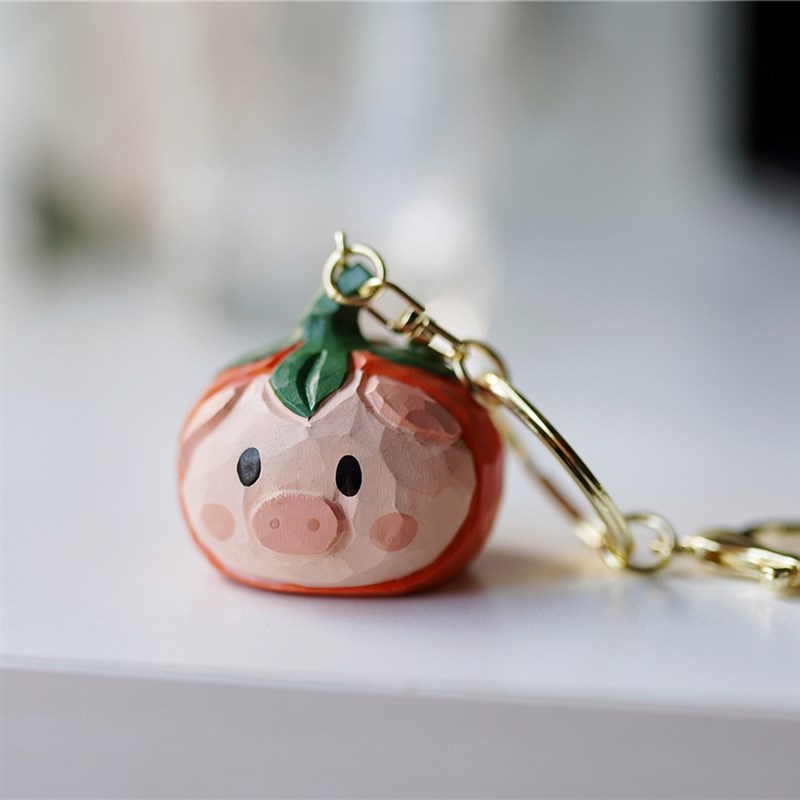 Joe的小作坊/猪柿皆宜小木雕钥匙扣创意可爱木质情侣挂件礼物