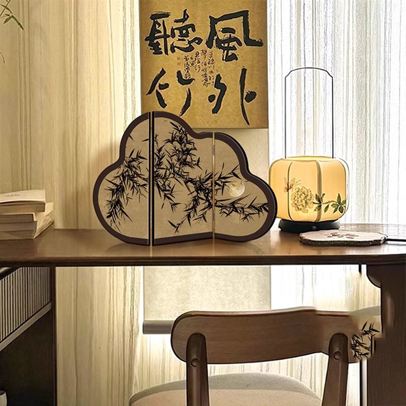中古风墨竹小屏风桌面摆件新中式客厅茶桌入户玄关边柜装饰品摆画
