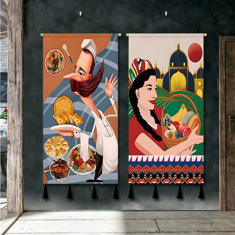 新疆特色布艺挂画民族风挂毯民宿餐厅饭店墙面美食装饰背景布挂布图片