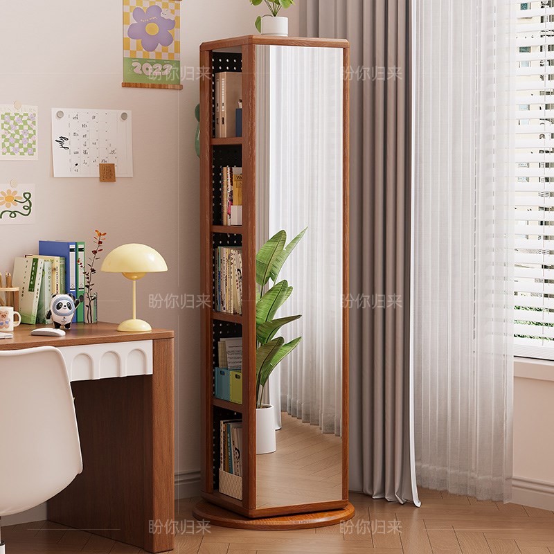 实木旋转书架穿衣镜一体家用多功能带洞洞板收纳架客厅多层置物架