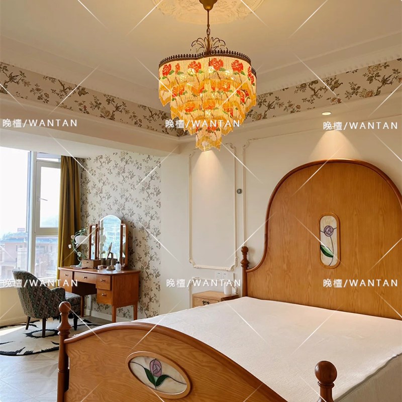 【晚檀】法式实木花窗调性复古风橡木罗马柱高背抽屉储物双人婚床