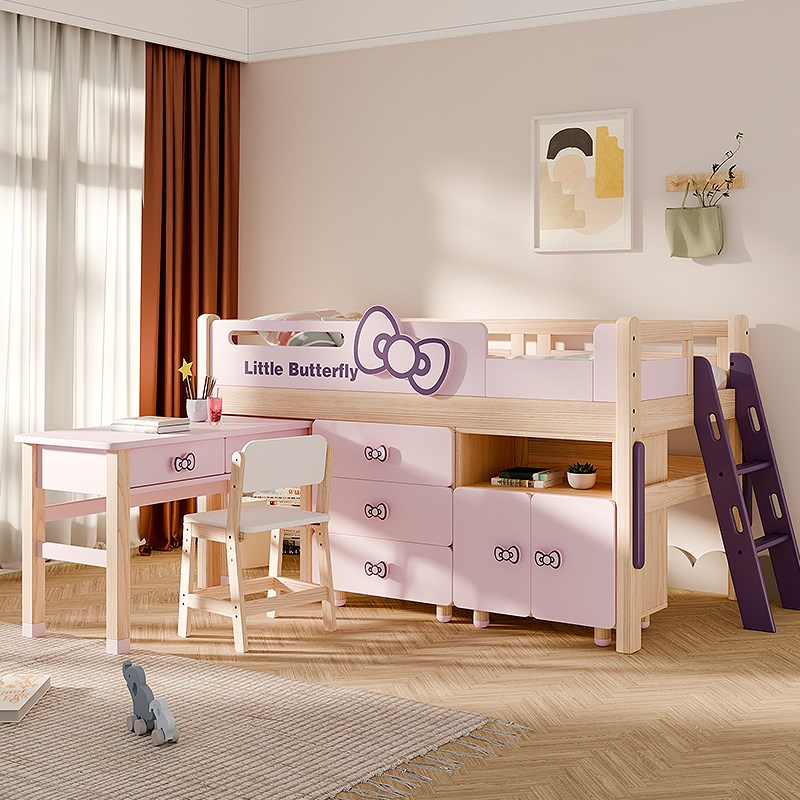 七叶木全实木儿童半高床小户型储物收纳中高床带书桌蝴蝶结公主床