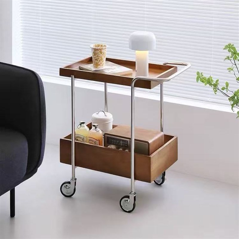 新款加厚复古推车边几客厅小户型收纳置物架移动实木小茶几中古风