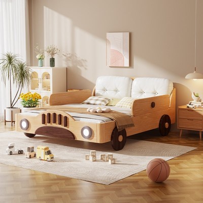 儿童床男孩全实木带护栏汽车床木匠榉木单人床卡通儿童房主题生活