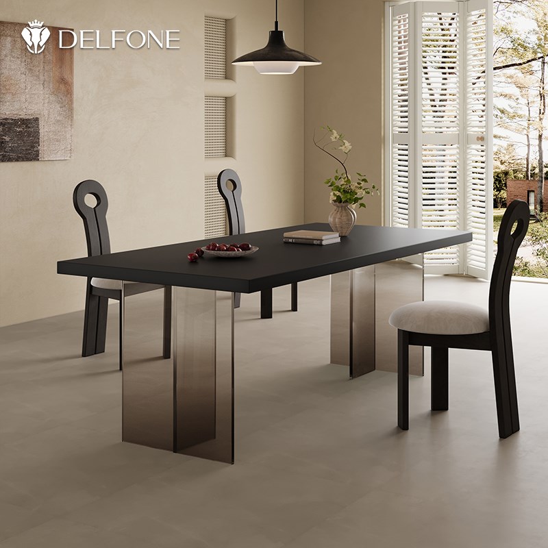 德利丰高透水墨渐变色亚克力悬浮岩板餐桌黑色小户型设计师餐桌