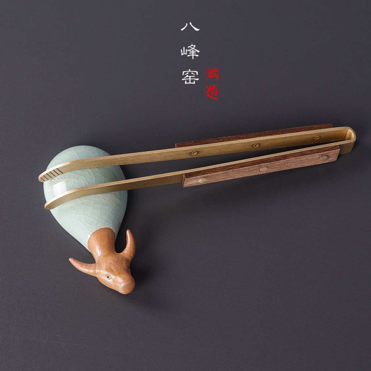 哥窑汝窑袖珍茶宠小牛陶瓷开片可养迷你功夫茶道摆件茶刷茶夹托架图片
