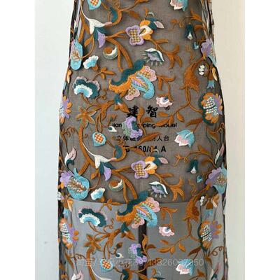 C13中国风棉线立体绣花软网纱刺绣蕾丝布面料旗袍辅料黑底彩色花