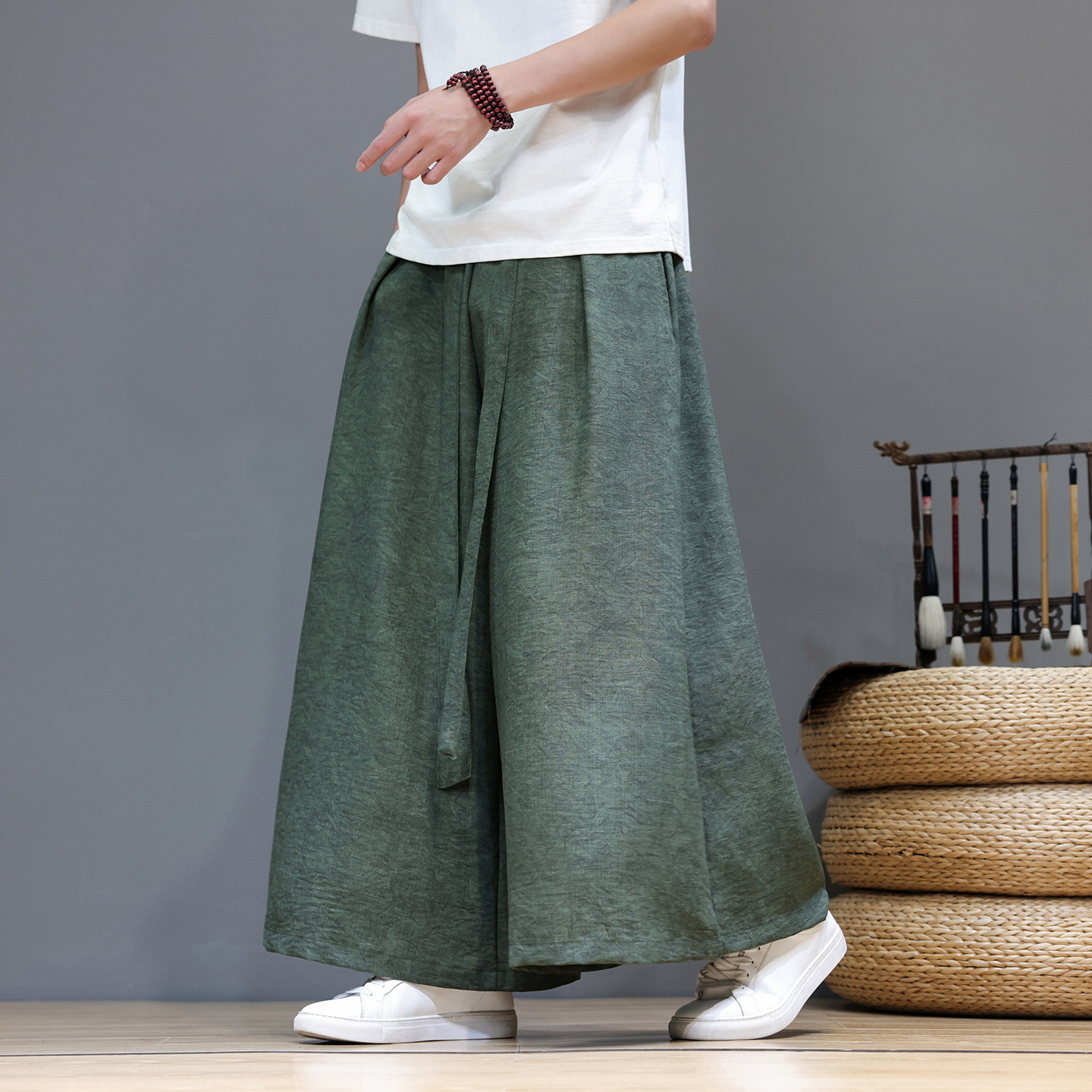 中国风男式宽松阔腿裤夏季薄款垂坠感系带休闲裤大码凉感汉服裤子