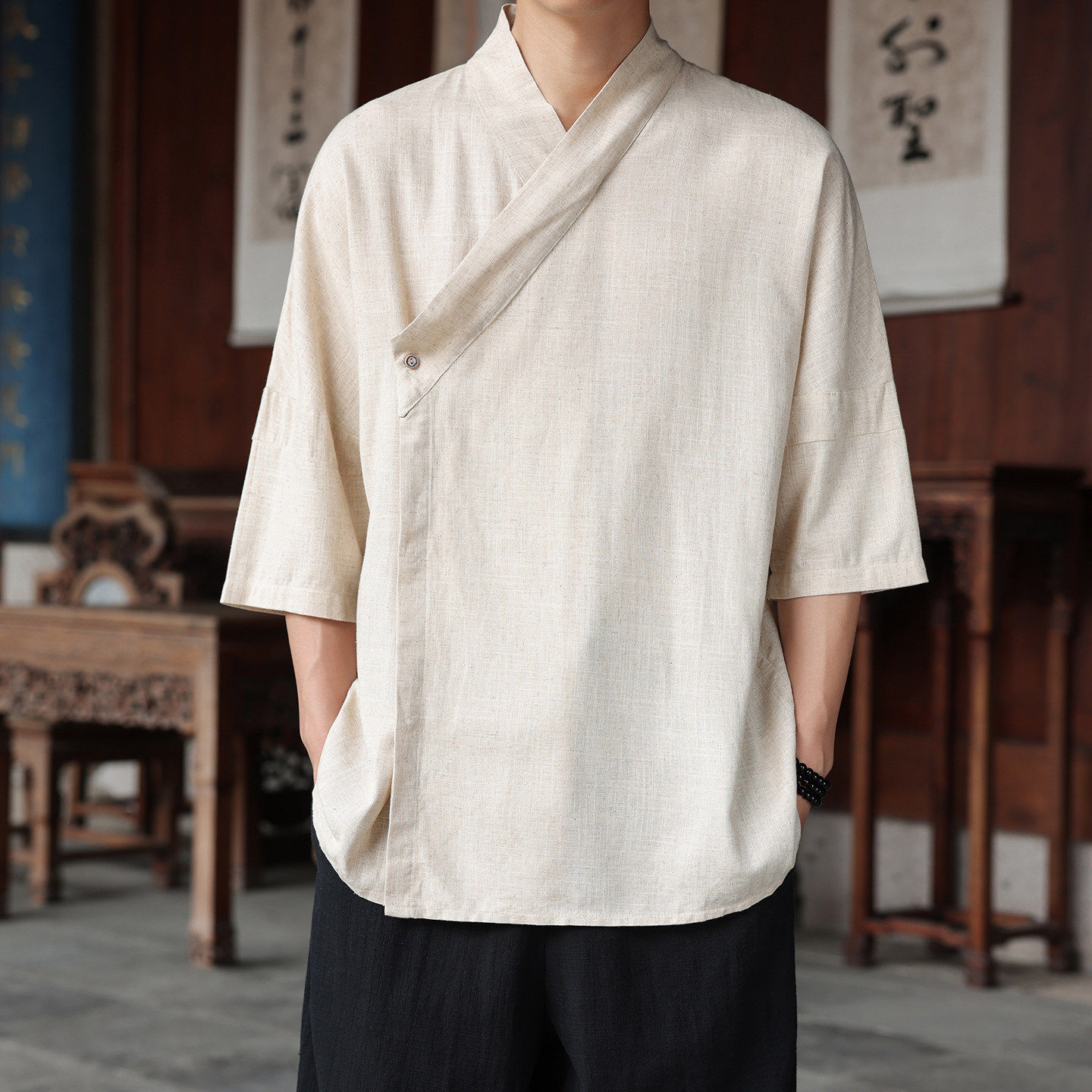 中国风男式棉麻汉服衬衫夏季五分袖斜襟交领茶服禅服古风短袖上衣