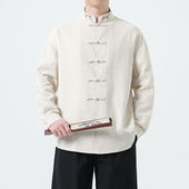 棉麻长袖 衬衫 加大码 中国风男式 亚麻刺绣立领衬衣中式 盘扣汉服上衣