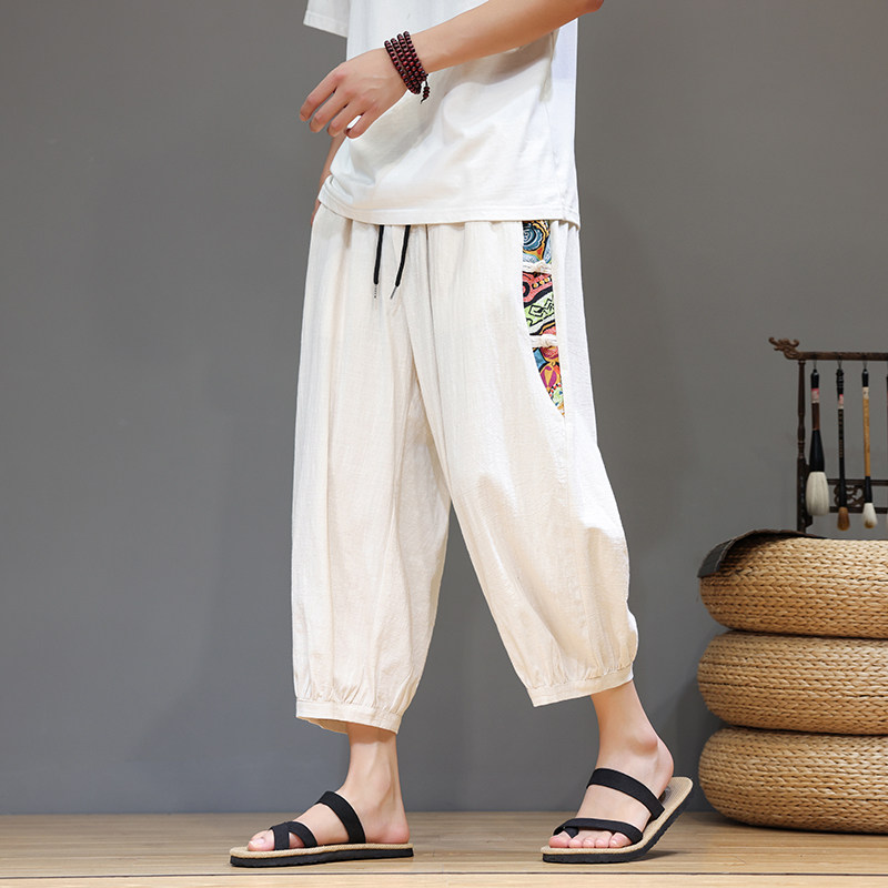 中国风夏季薄款男式沙滩裤宽松复古七分裤大码哈伦裤民族风休闲裤
