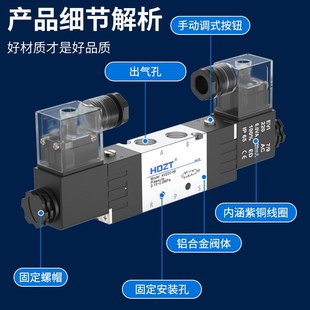 08双控气动电磁阀24V双头线圈阀门二位五通气缸控制换向阀 4V220