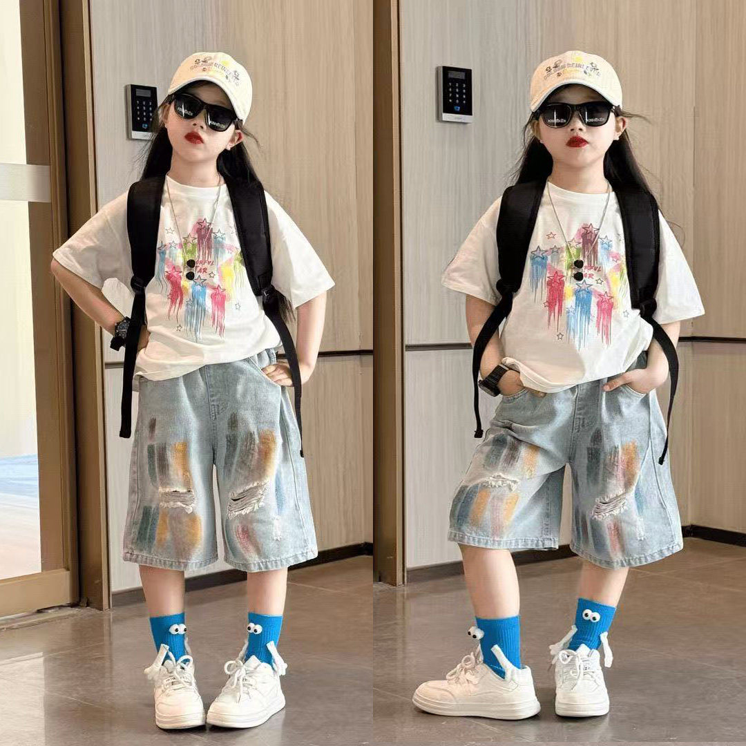 女童夏装套装2026新款洋气中大童短袖T恤女孩破洞牛仔短裤两件套