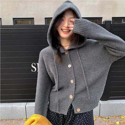 2025秋季新款小个子连帽长袖针织开衫女慵懒风宽松显瘦毛衣外套潮