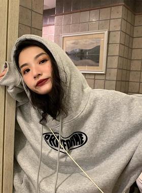 250G双帽灰色加绒卫衣2025新款女潮ins连帽套头bf 慵懒风宽松韩版