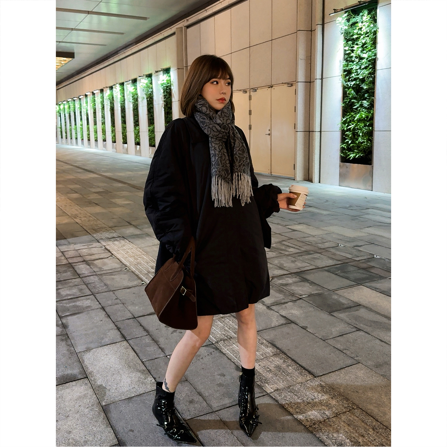 衬衫领轻暖棉服宽松中长款外套女