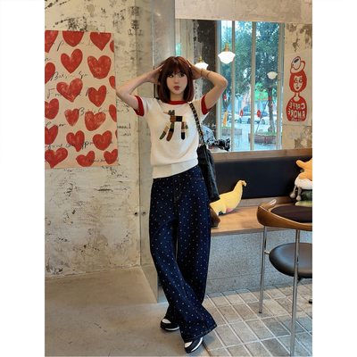 时尚百搭休闲阔腿波点牛仔长裤