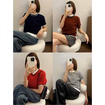 100%绵羊毛水钻装饰圆领针织衫