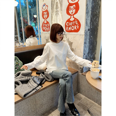 丝光双面布剪纸切割圆领长袖T恤