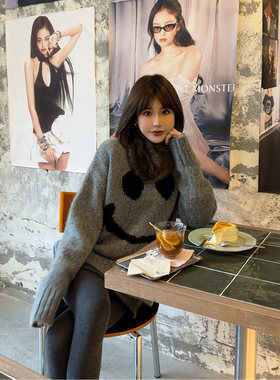 ASBR 原C纱！甄选马海毛绵羊毛混纺笑脸提花宽松针织衫25冬新款女